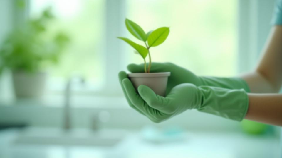 Hand in green glove holding a thriving plant, with a sparkling clean background